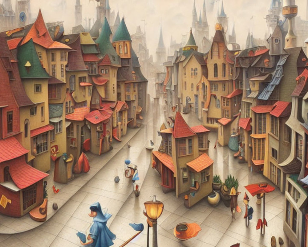 Whimsical Townscape with Crooked Houses and Stylized Characters