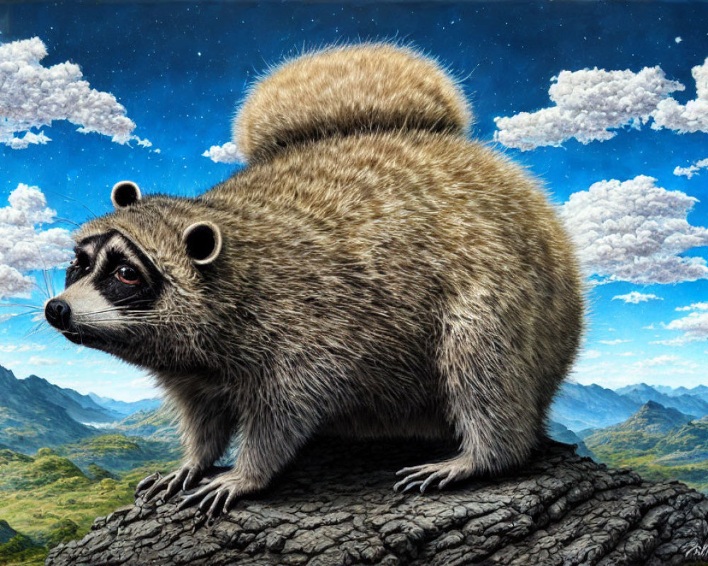 Hyperrealistic Painting of Fluffy Raccoon on Outcrop with Dramatic Landscape