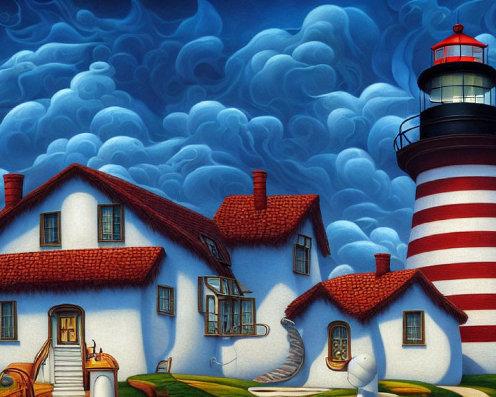 Whimsical painting of lighthouse and cottage under blue sky