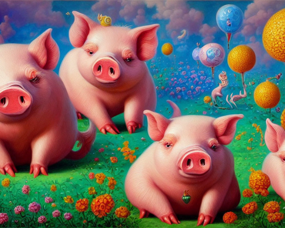 Colorful Cartoon Pigs Surrounded by Trees, Balloons, and Flowers