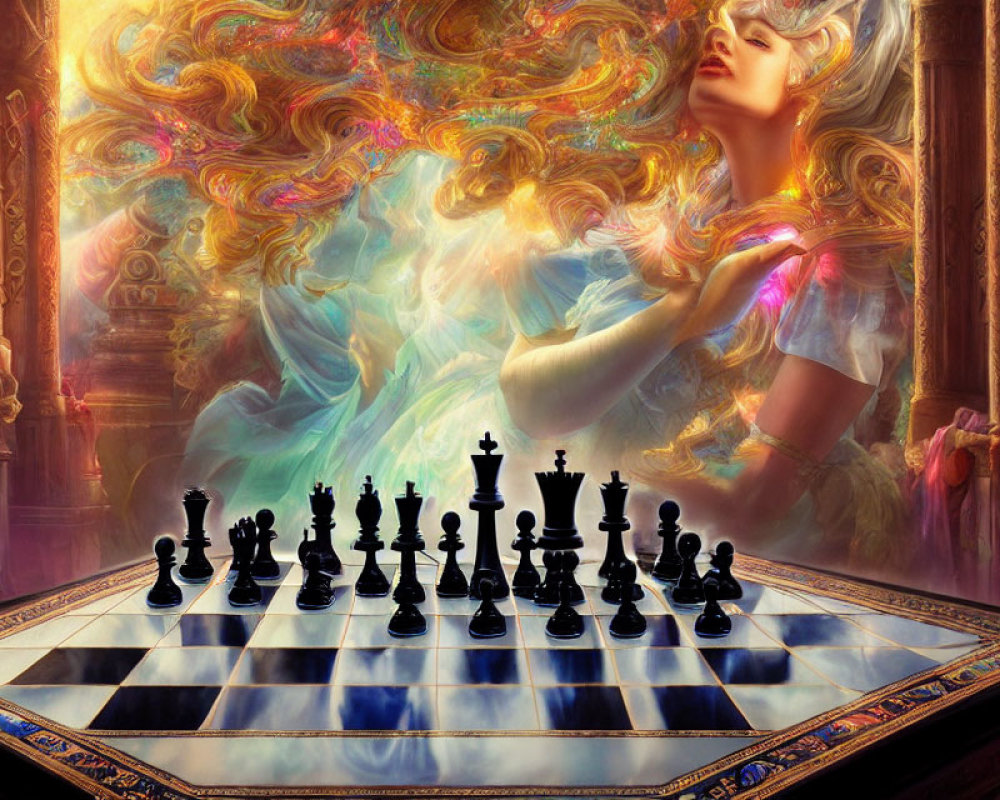Surreal artwork featuring chessboard and ethereal woman with flowing hair