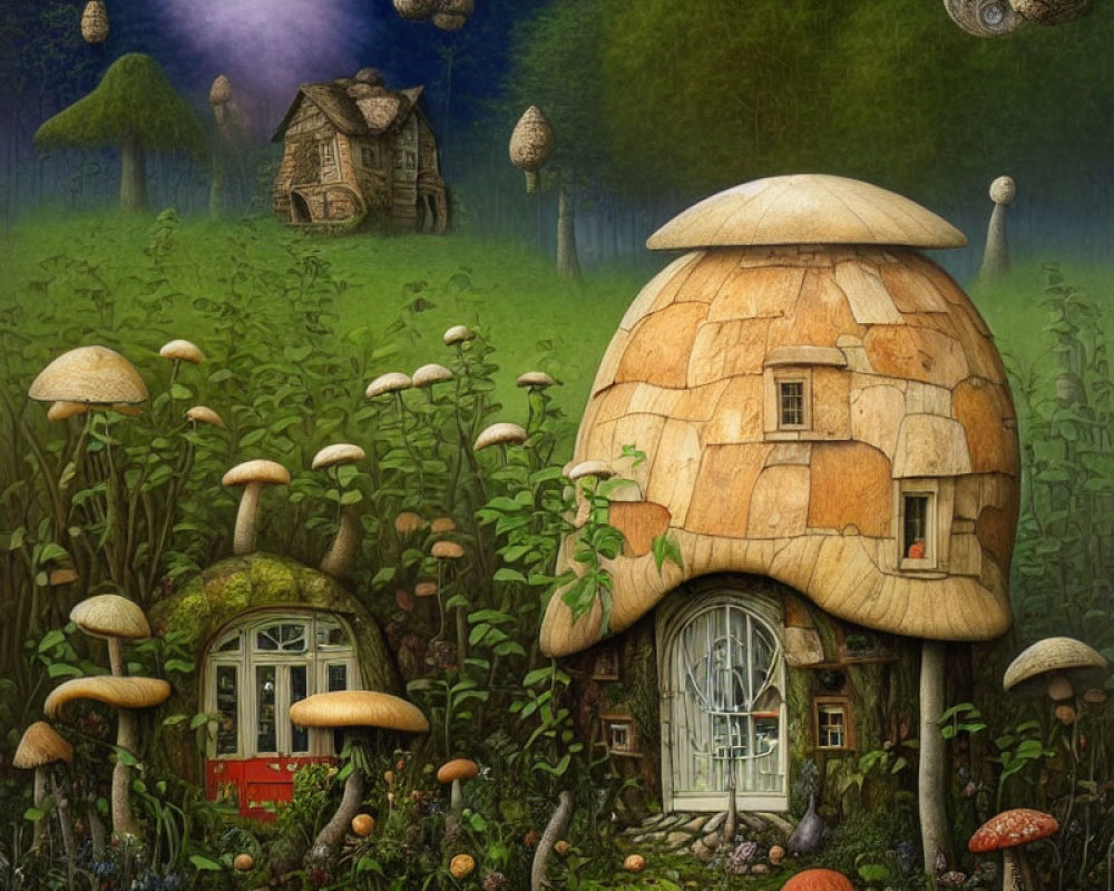 Enchanting forest scene with whimsical mushroom houses and lantern-like structures