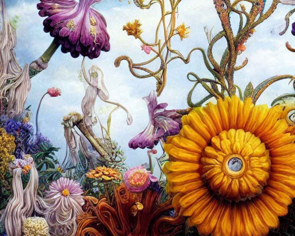 Colorful painting of whimsical plants, human-like flowers, and floating fairies
