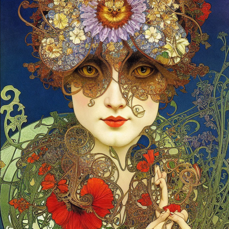 Art Nouveau Style Illustration of Woman with Floral Headdress and Mask-like Face