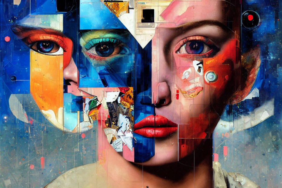 Colorful surreal portrait with multiple eyes and abstract background
