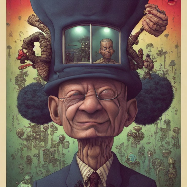 Elderly man with earmuffs and unique hat in steampunk setting