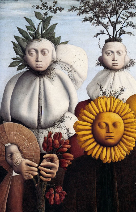 Surreal painting of three figures with floral heads and plants against clear sky