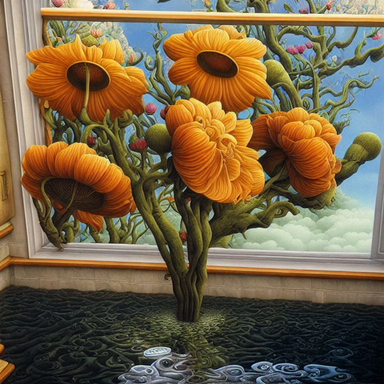 Surreal oversized orange flowers with tree-like stems in reflective water against cloudy blue sky
