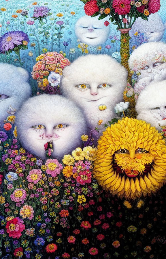 Colorful Artwork: Cat Faces and Flowers Blend in Whimsical Scene
