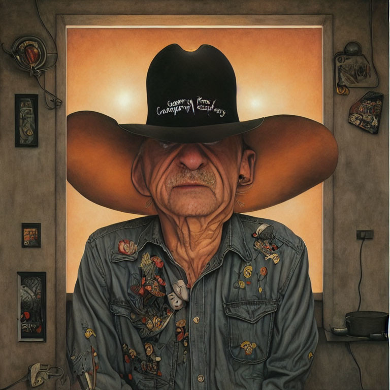 Illustration of man in oversized cowboy hat with shadow, Western-themed shirt, in decorated room