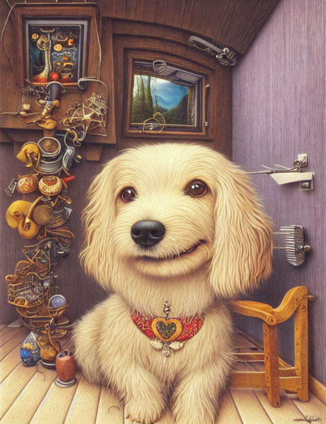 Cream-Colored Dog with Heart Pendant in Quirky Room Scene