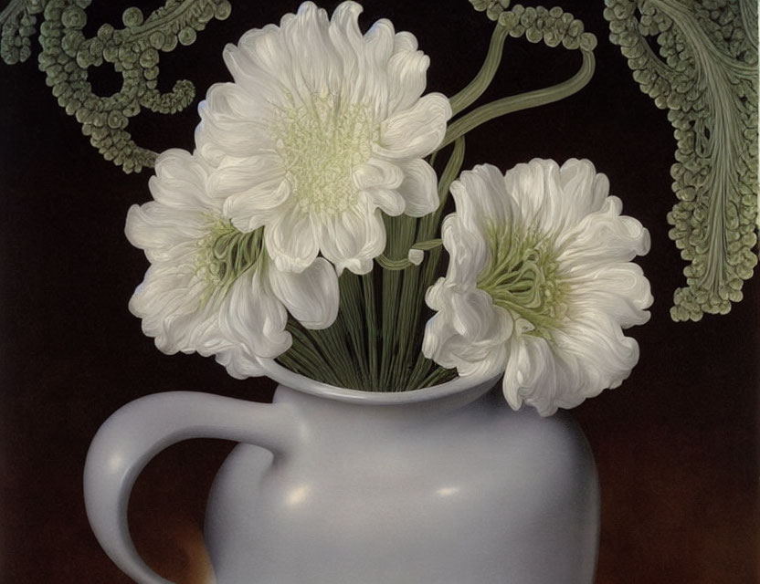 Still Life Painting: White Chrysanthemums in Blue Vase