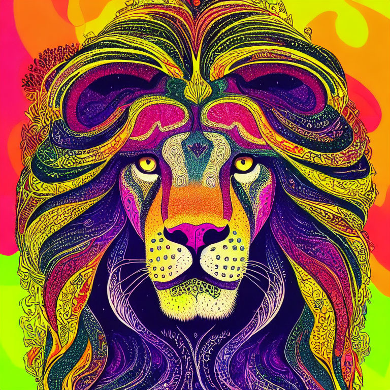 Colorful Psychedelic Lion Illustration with Rainbow Background