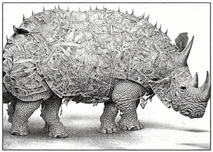 Detailed illustration of rhinoceros with ornate patterned body, resembling intricate armor or carv