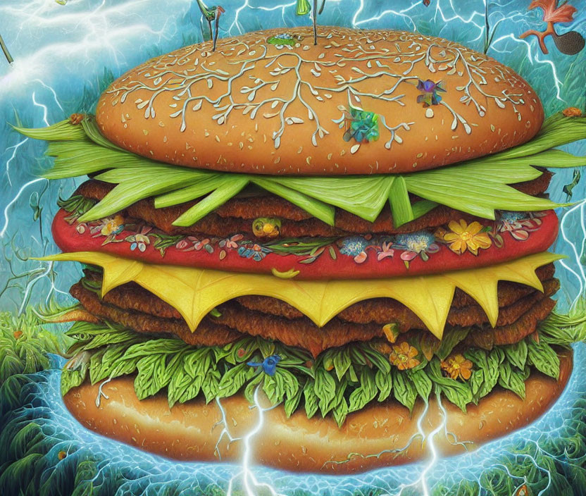 Colorful giant hamburger with lettuce, cheese, patties, flowers, and plants on surreal backdrop