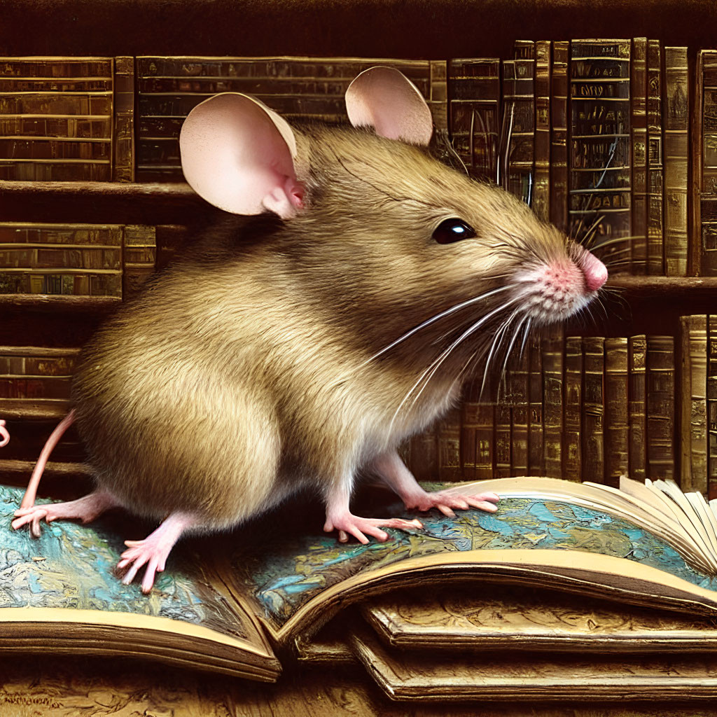Detailed Illustration: Mouse on Open Book with Vintage Bookshelf Backdrop