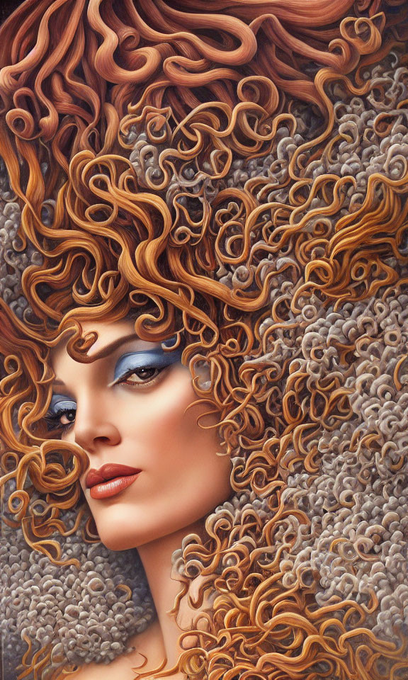Detailed Illustration: Woman with Voluminous Auburn Hair & Blue Eyeshadow