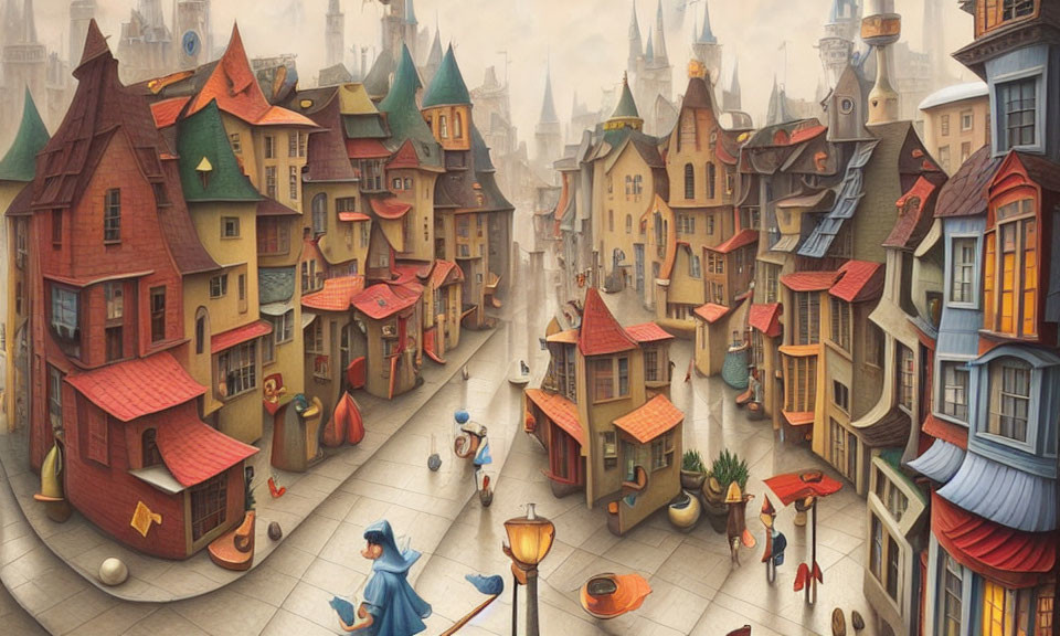 Whimsical Townscape with Crooked Houses and Stylized Characters