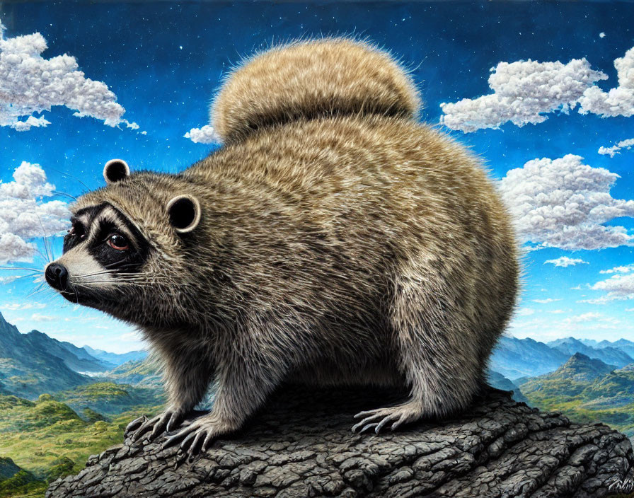 Hyperrealistic Painting of Fluffy Raccoon on Outcrop with Dramatic Landscape