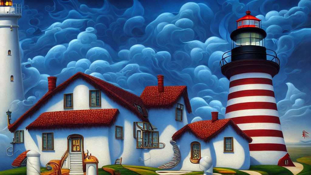 Whimsical painting of lighthouse and cottage under blue sky
