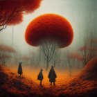 Three Figures in Vintage Clothing in Misty Autumn Forest with Dome-Shaped Tree