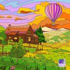 Colorful hot air balloons over rolling green hills with houses and trees