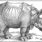 Detailed illustration of rhinoceros with ornate patterned body, resembling intricate armor or carv