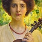 Portrait of Woman with Curled Brown Hair Holding Violin on Yellow Floral Background