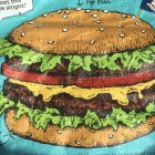 Colorful giant hamburger with lettuce, cheese, patties, flowers, and plants on surreal backdrop