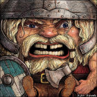 Detailed illustration of angry Viking warrior with furrowed brow, metal helmet, white beard.