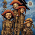 Four Stylized Female Pirates in Brown Leather Outfits and Tricorn Hats
