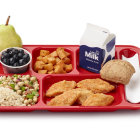 Colorful School Lunch Tray Painting with Sandwich, Salad, Fruit, and Milk