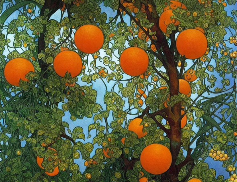 Vibrant orange fruit on intertwining branches with green leaves in stylized artwork