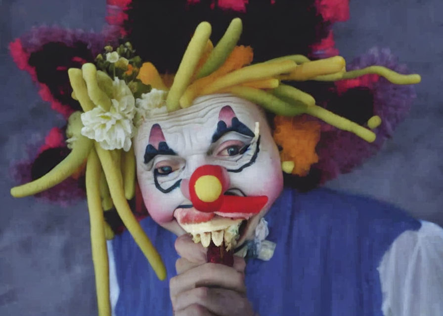 Clown in makeup and costume eating food with floral headpiece