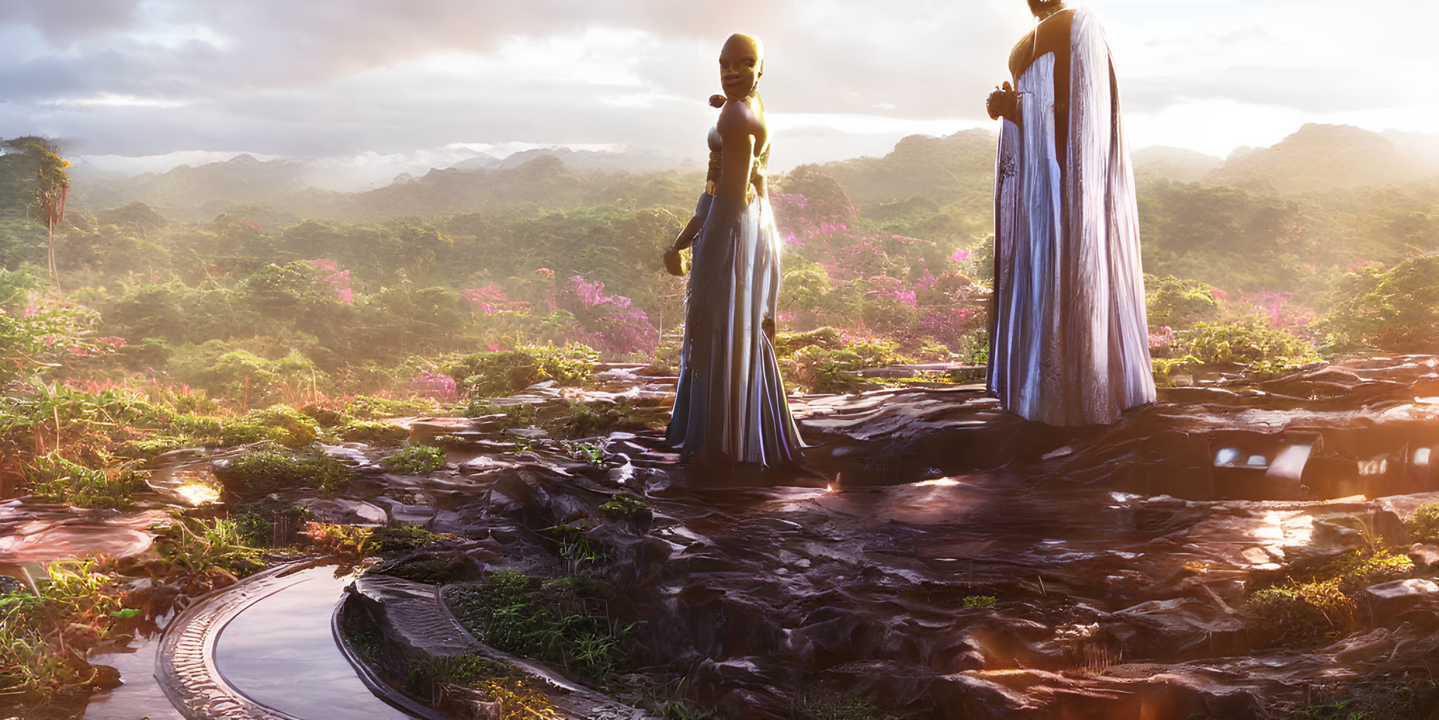 Futuristic humanoid figures in vibrant landscape with pink flora at sunrise