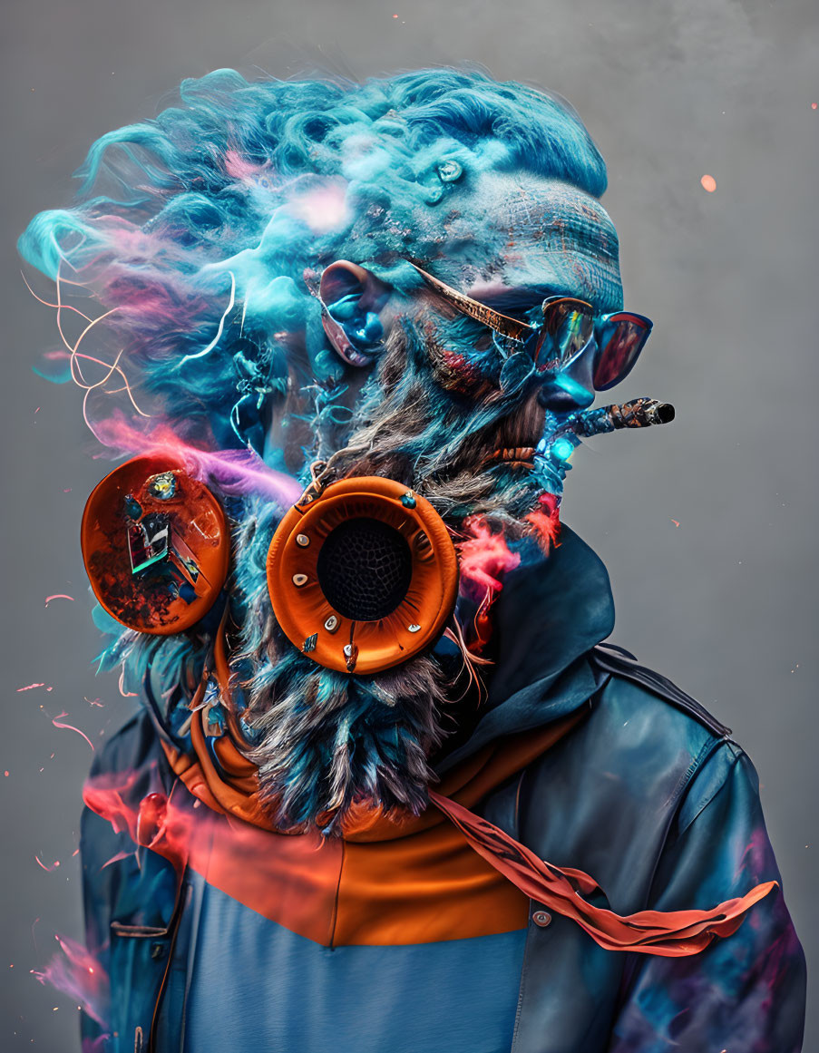 Vibrant smoke effects with sunglasses and headphones on grey background