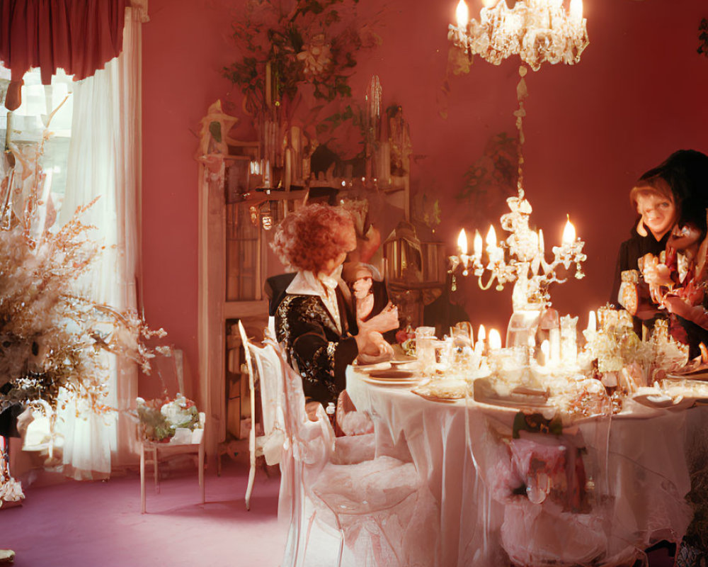 Opulent pink dining room with chandelier and elegantly dressed guests