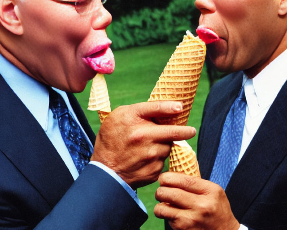 Men in business suits with tongues out and ice cream cones touching.