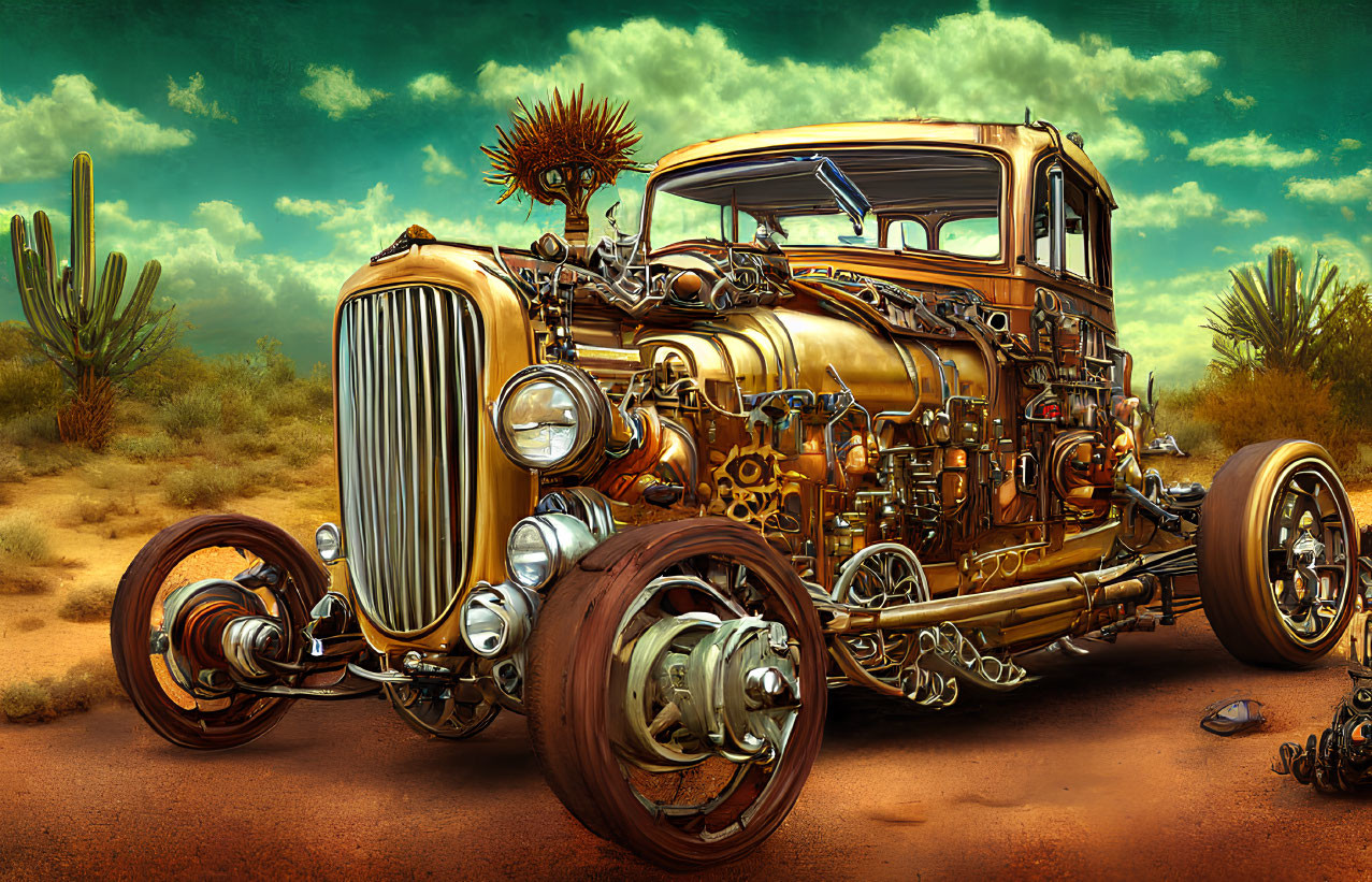 Detailed Steampunk Car Illustration in Desert Setting