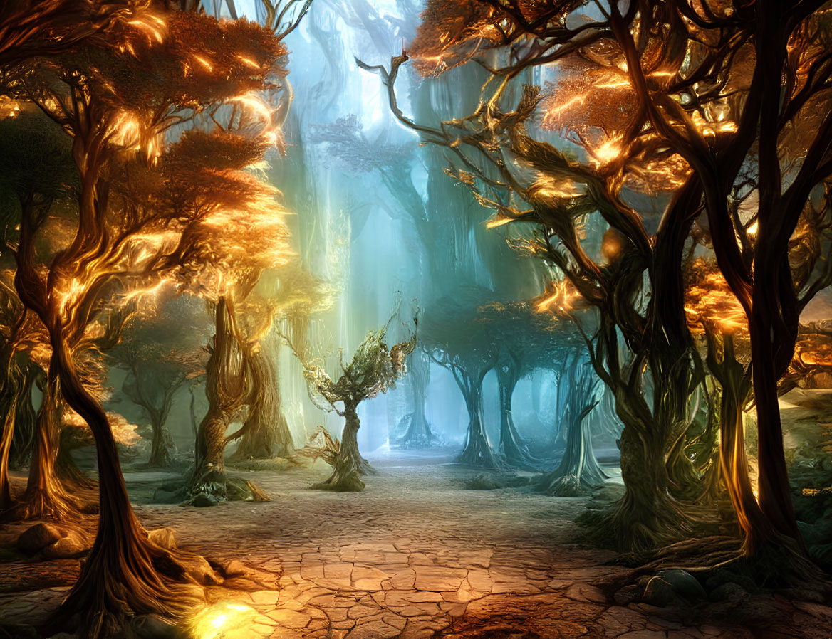 Golden Trees and Mystical Lantern in Enchanted Forest Scene