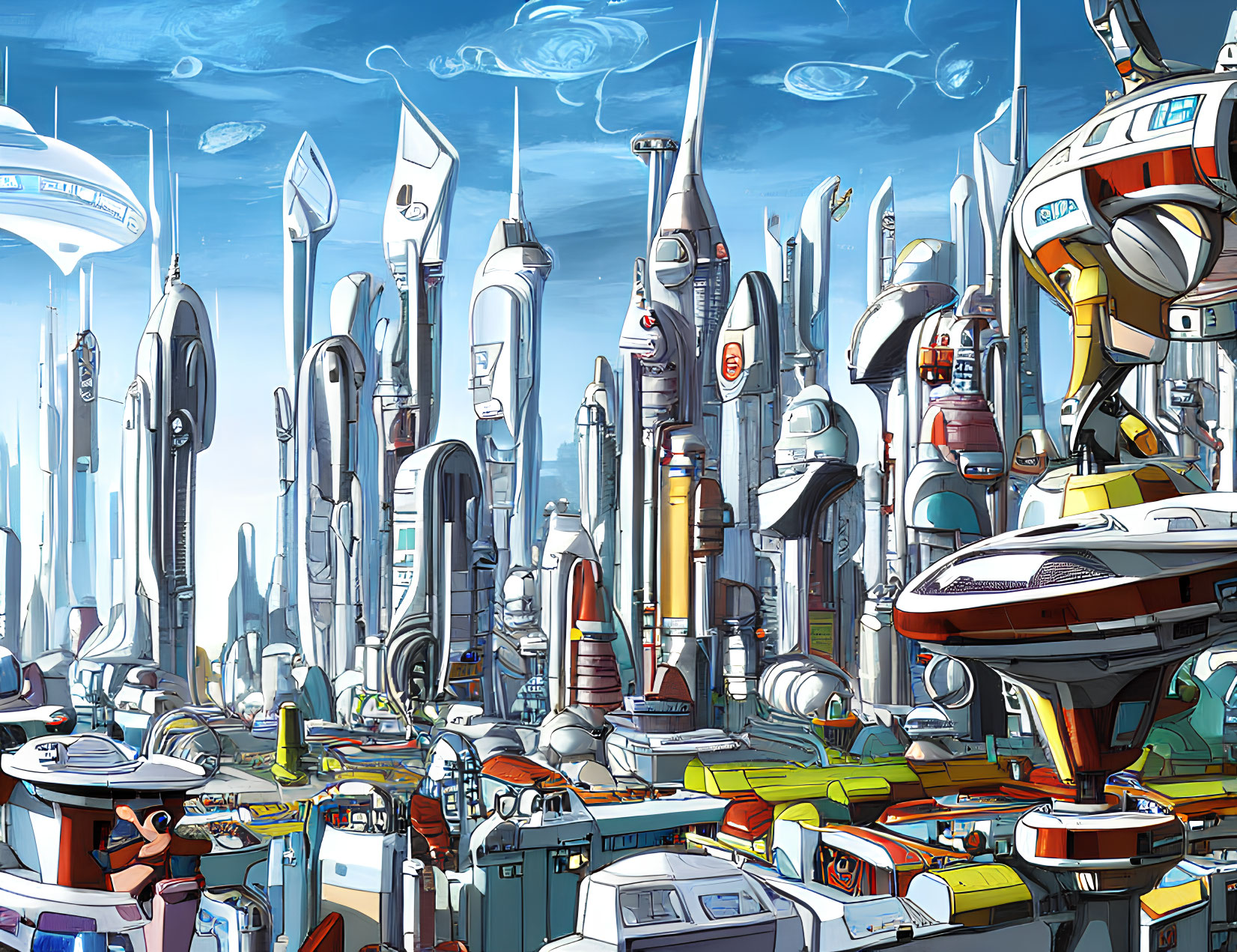 Futuristic cityscape with skyscrapers and advanced vehicles
