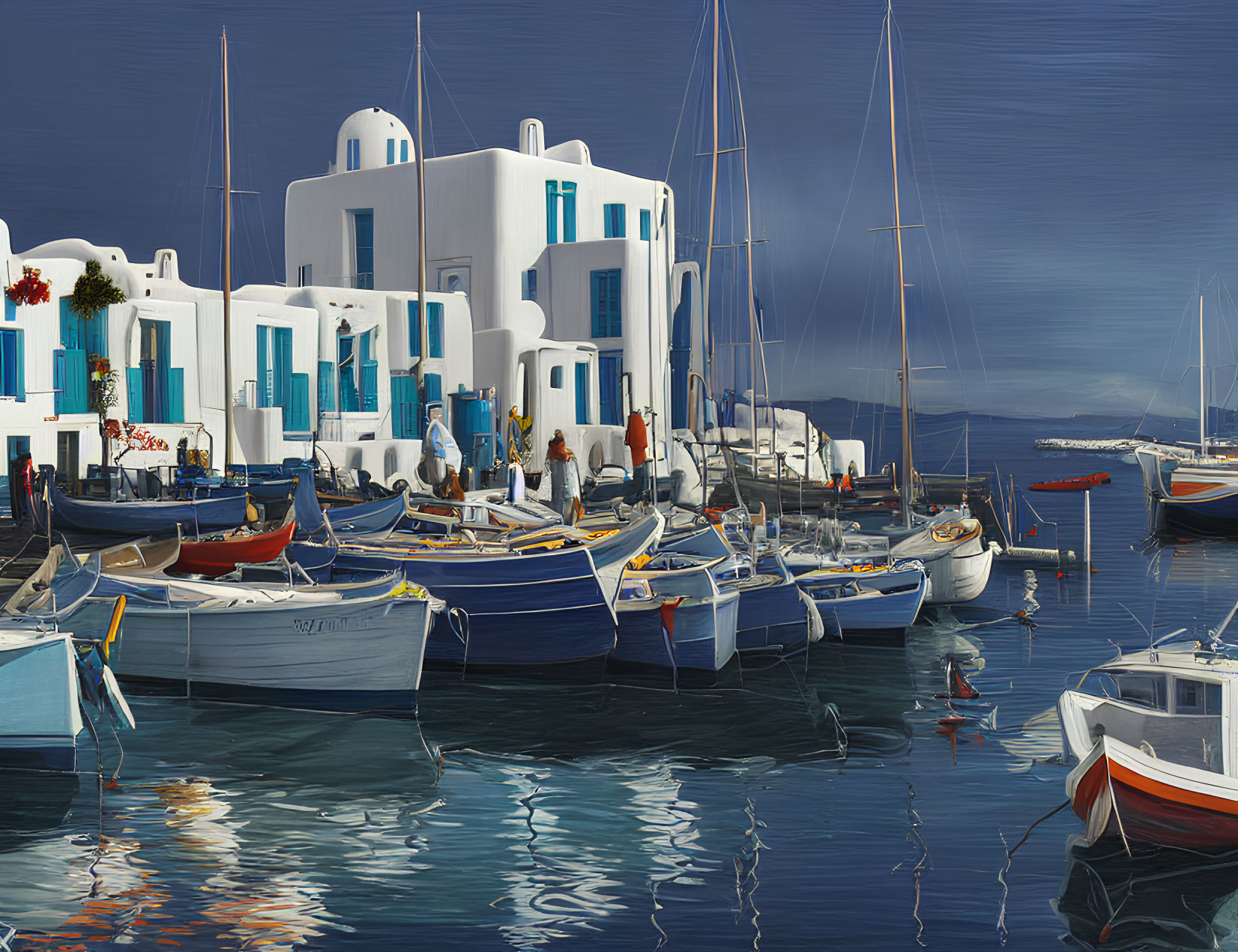 Boats Moored in Serene Harbor with White Buildings and Blue Sky
