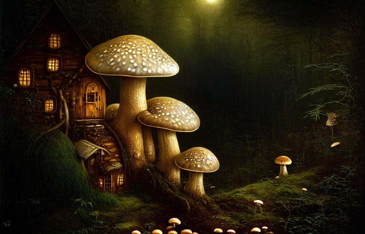 Whimsical fairytale mushroom house in mystical forest