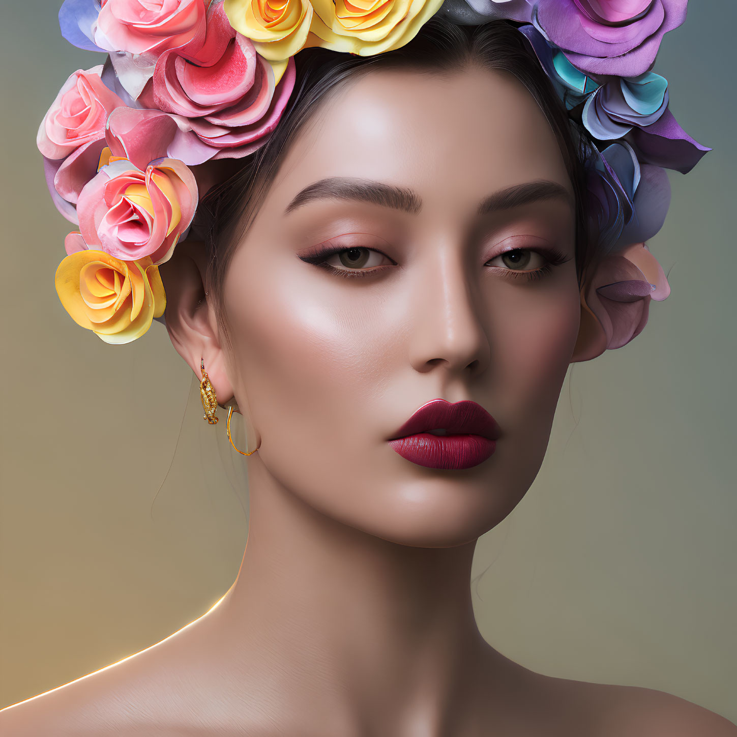 Woman with Floral Headpiece and Serene Expression on Neutral Background