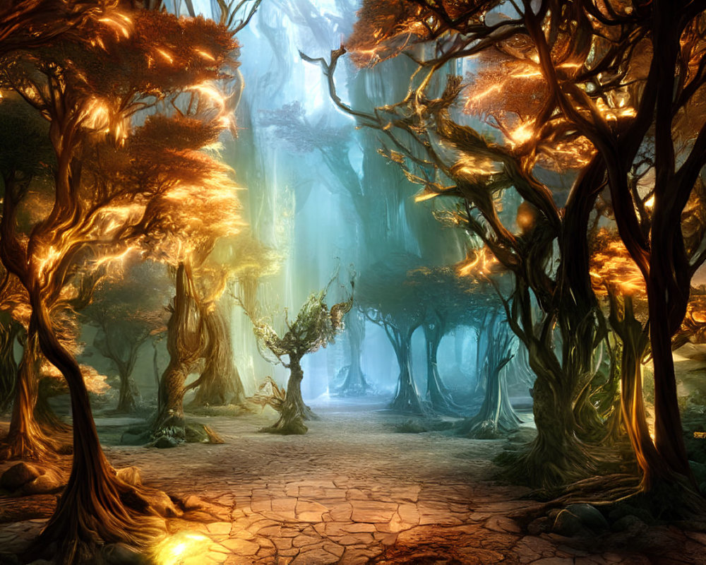 Golden Trees and Mystical Lantern in Enchanted Forest Scene