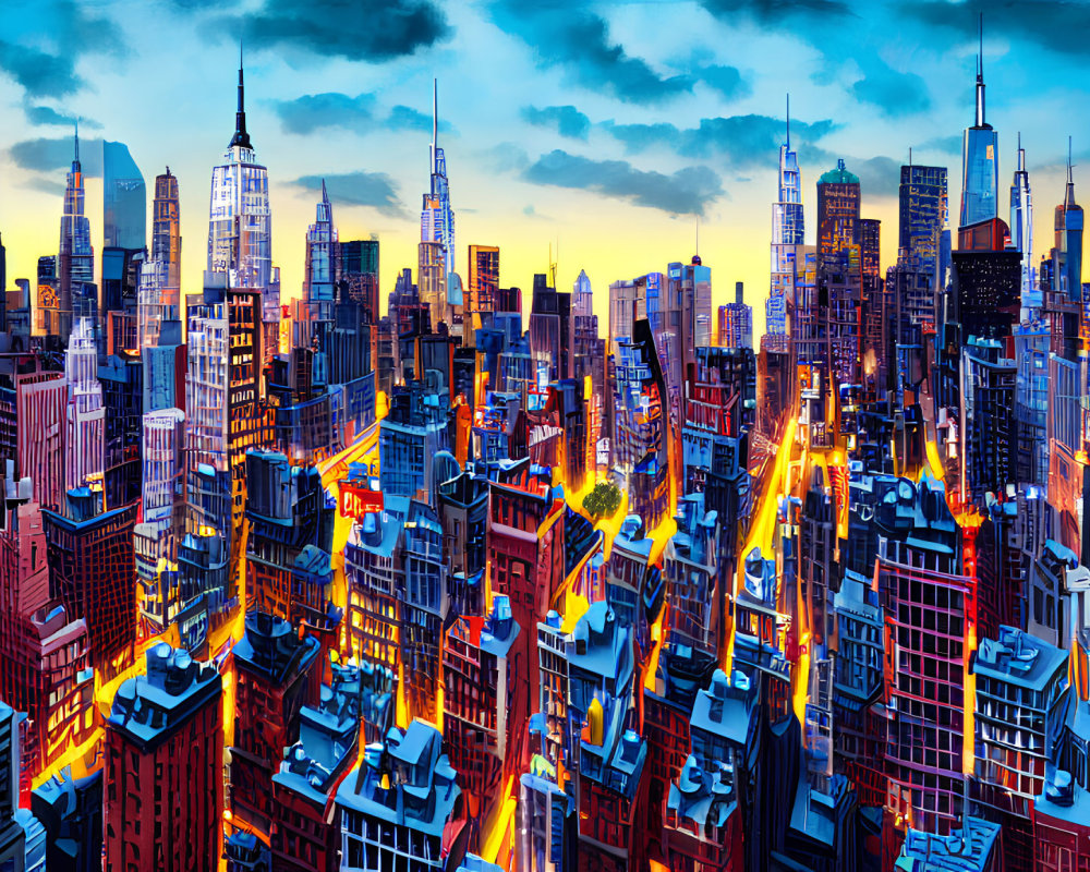 Stylized cityscape at sunset with exaggerated skyscrapers