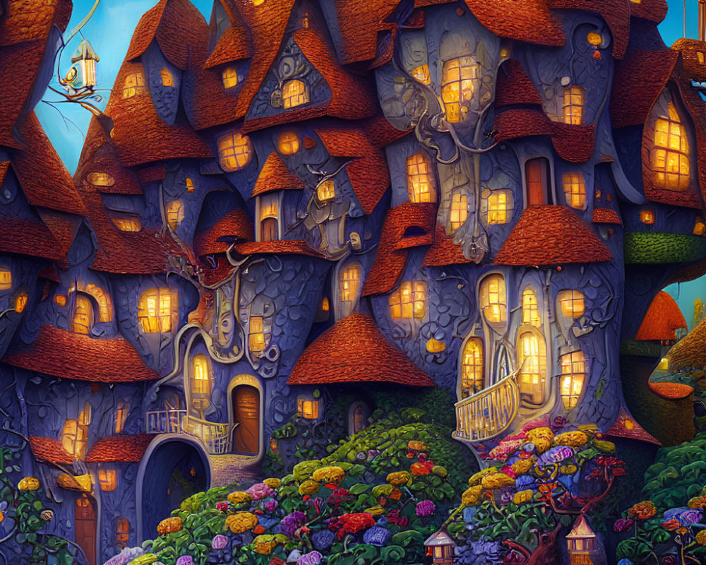 Whimsical fantasy illustration of glowing stone house in lush garden