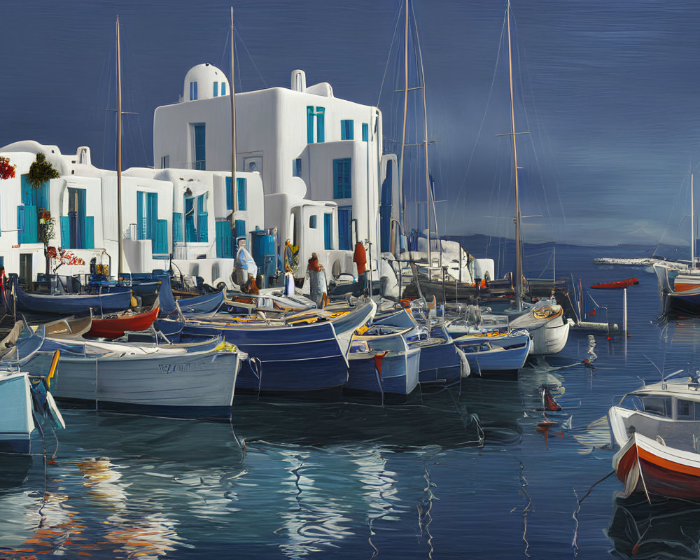 Boats Moored in Serene Harbor with White Buildings and Blue Sky