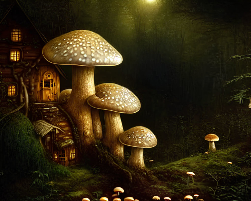 Whimsical fairytale mushroom house in mystical forest