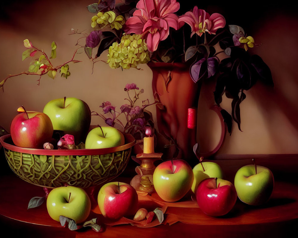 Ripe Green and Red Apples in Woven Basket with Flowers on Wooden Table